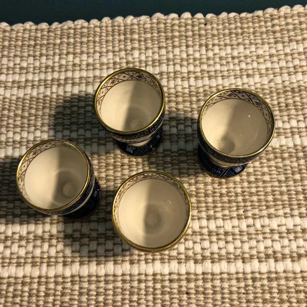 Vintage Booths England blue  and White Porcelain Egg Cups w Gold Trim - Set of 4